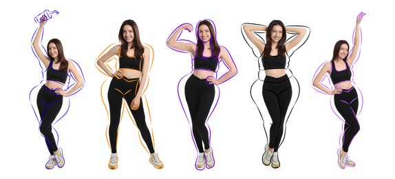 Image of Beautiful woman with fit figure on white background, collage. Lines around her body showing overweight shape before. Healthy lifestyle