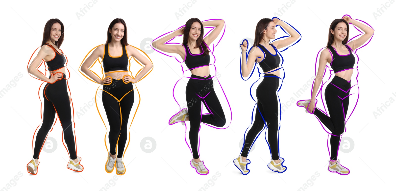 Beautiful woman with fit figure on white background, collage. Lines around her body showing overweight shape before. Healthy lifestyle Image of Beautiful woman with fit figure on white background, collage. Lines around her body showing overweight shape before. Healthy lifestyle