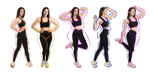 Image of Beautiful woman with fit figure on white background, collage. Lines around her body showing overweight shape before. Healthy lifestyle