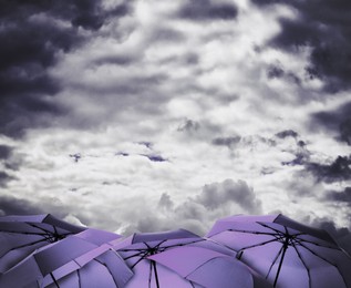 Image of Purple umbrellas under dark cloudy sky. Stormy weather