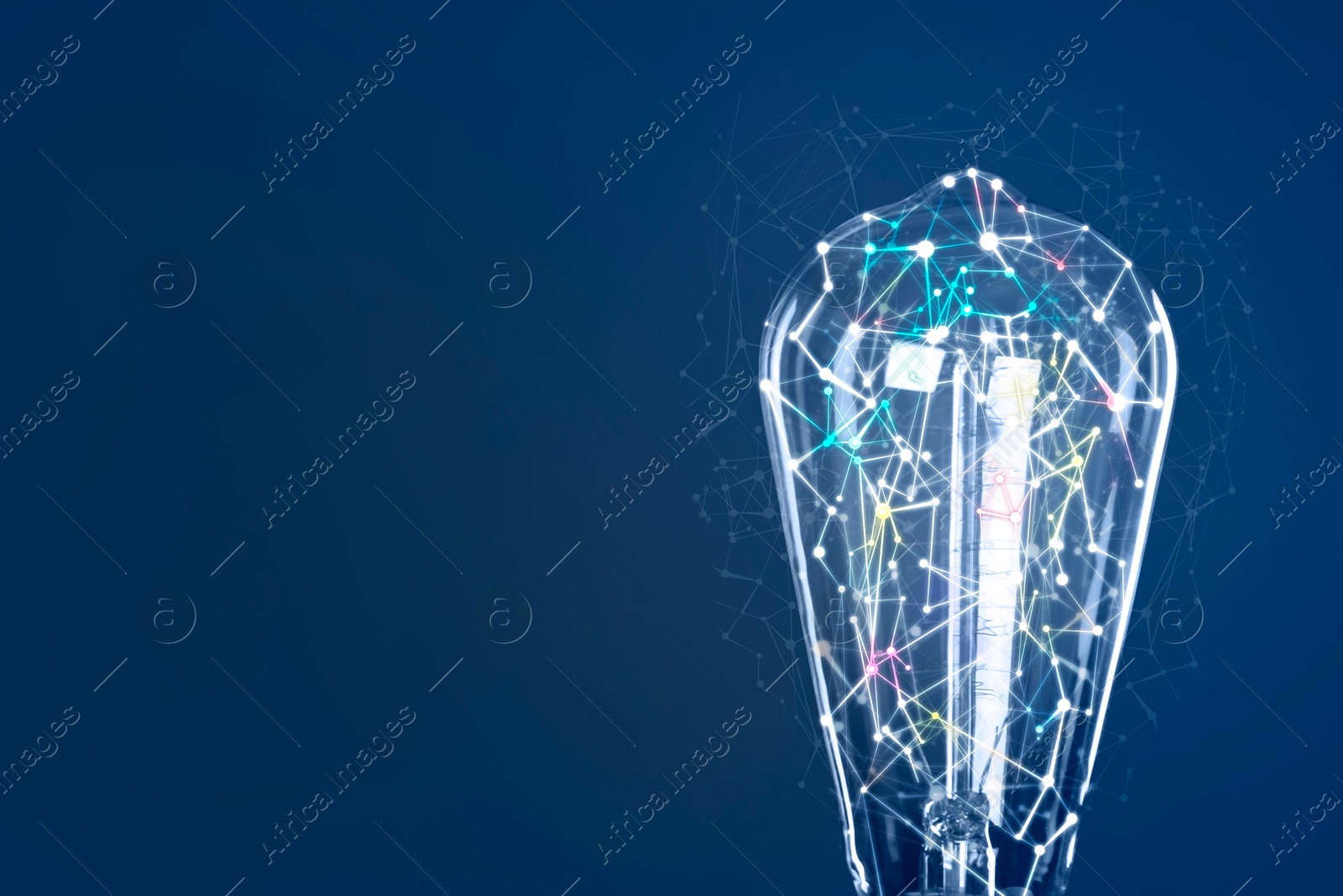 Light bulb with pattern of connected dots on blue gradient background. Idea, creativity, innovation Illustration of Light bulb with pattern of connected dots on blue gradient background. Idea, creativity, innovation
