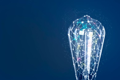 Illustration of Light bulb with pattern of connected dots on blue gradient background. Idea, creativity, innovation
