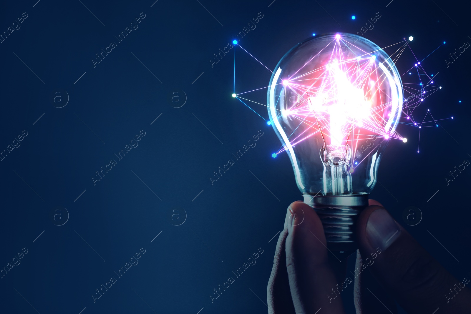 Man holding light bulb with pattern of connected dots on blue gradient background. Idea, creativity, innovation Illustration of Man holding light bulb with pattern of connected dots on blue gradient background. Idea, creativity, innovation