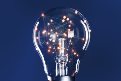 Illustration of Light bulb with pattern of connected dots on blue gradient background. Idea, creativity, innovation