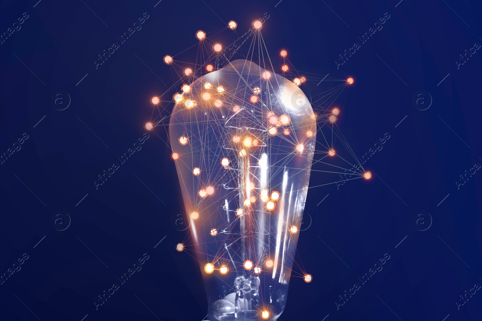 Light bulb with pattern of connected dots on blue gradient background. Idea, creativity, innovation Illustration of Light bulb with pattern of connected dots on blue gradient background. Idea, creativity, innovation