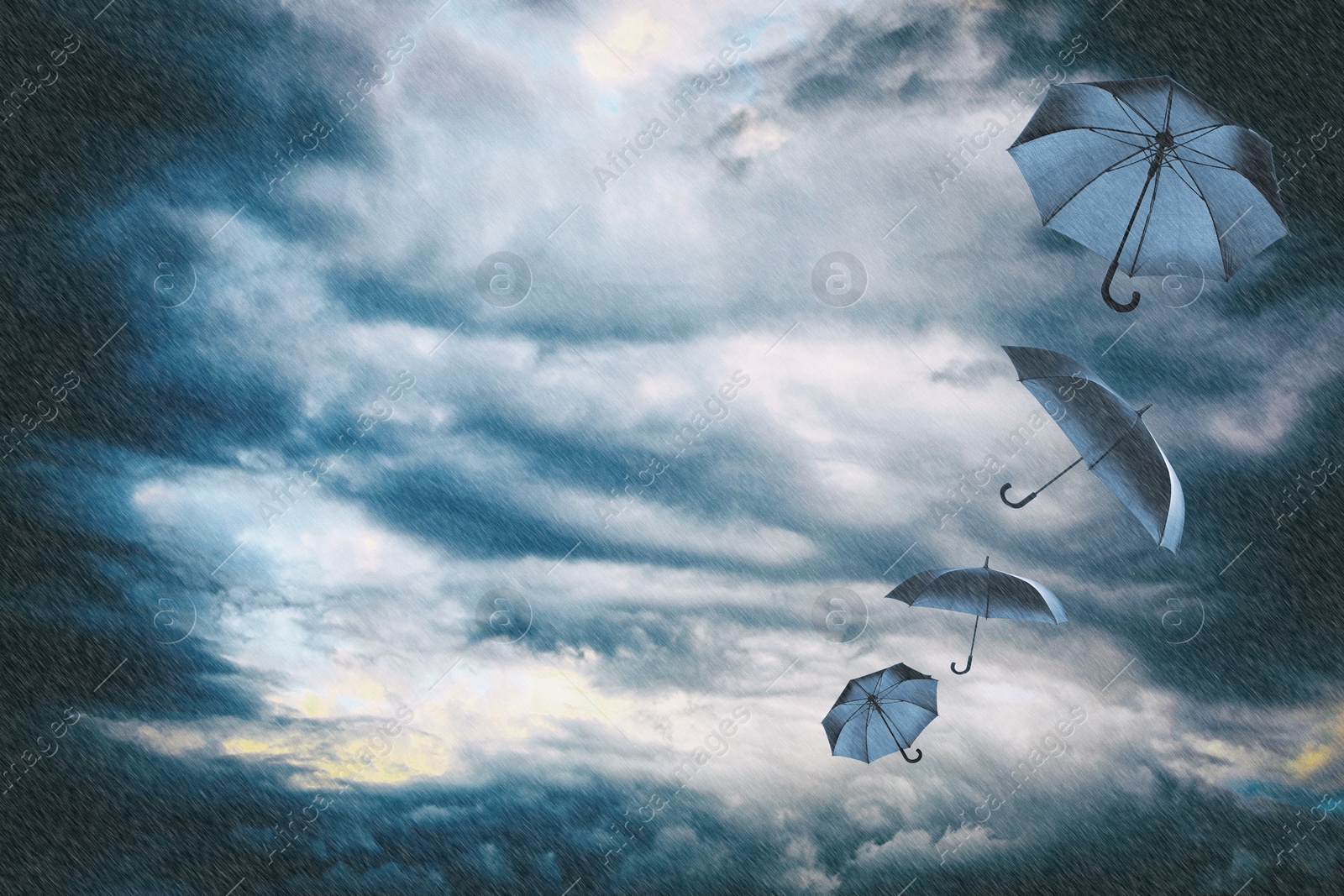Dark blue umbrellas flying in cloudy sky under heavy rain. Stormy weather Image of Dark blue umbrellas flying in cloudy sky under heavy rain. Stormy weather