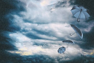 Image of Dark blue umbrellas flying in cloudy sky under heavy rain. Stormy weather