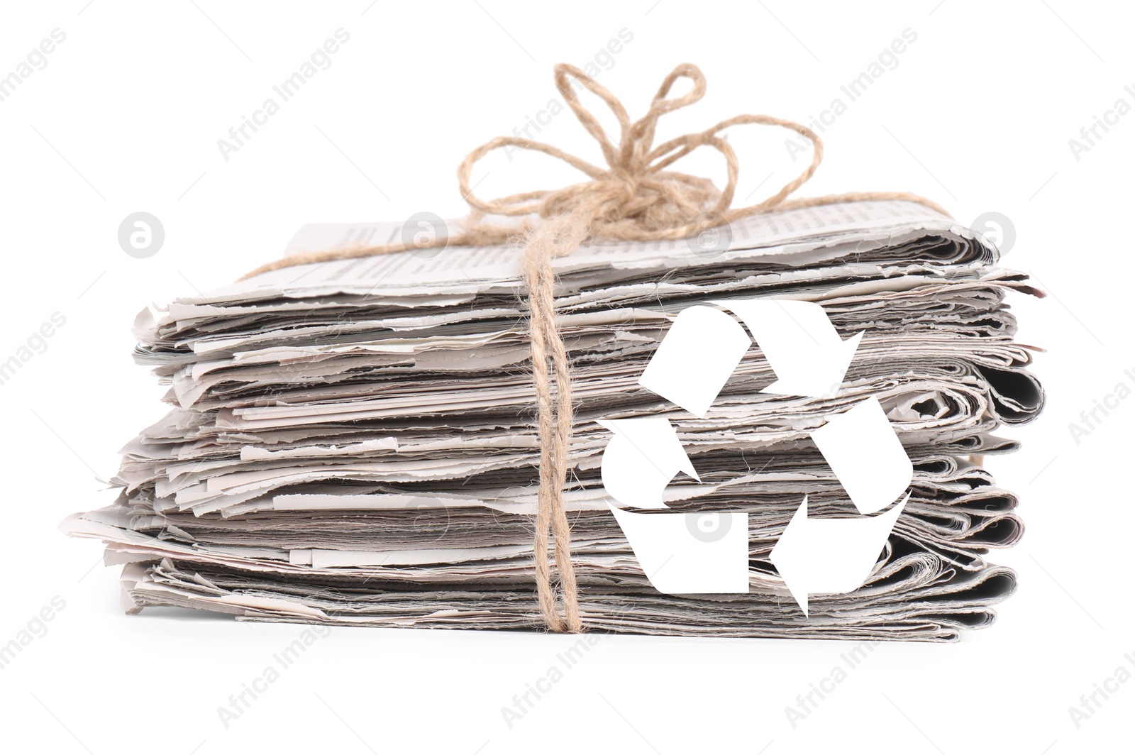 Recycling symbol and stack of tied newspapers on white background. Eco-friendly lifestyle, reusing Image of Recycling symbol and stack of tied newspapers on white background. Eco-friendly lifestyle, reusing