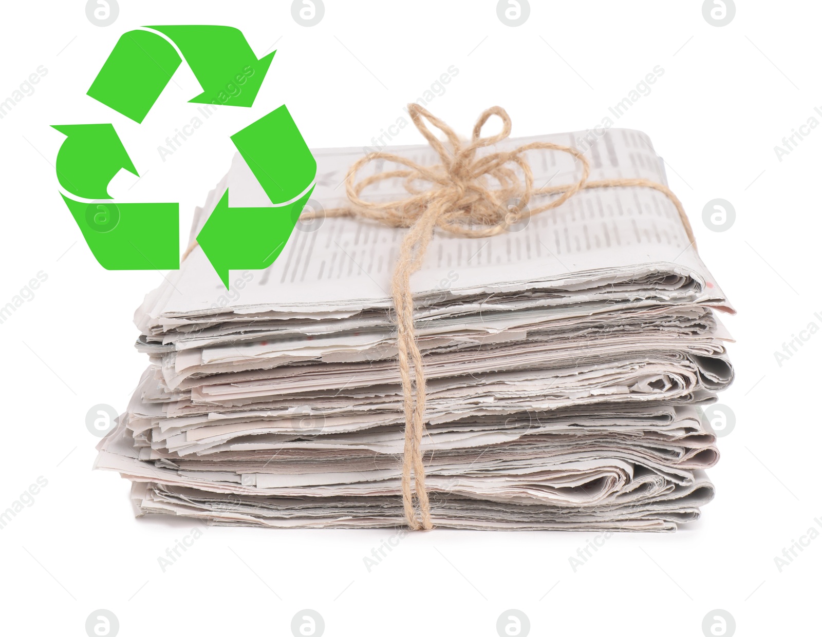 Recycling symbol and stack of tied newspapers on white background. Eco-friendly lifestyle, reusing Image of Recycling symbol and stack of tied newspapers on white background. Eco-friendly lifestyle, reusing