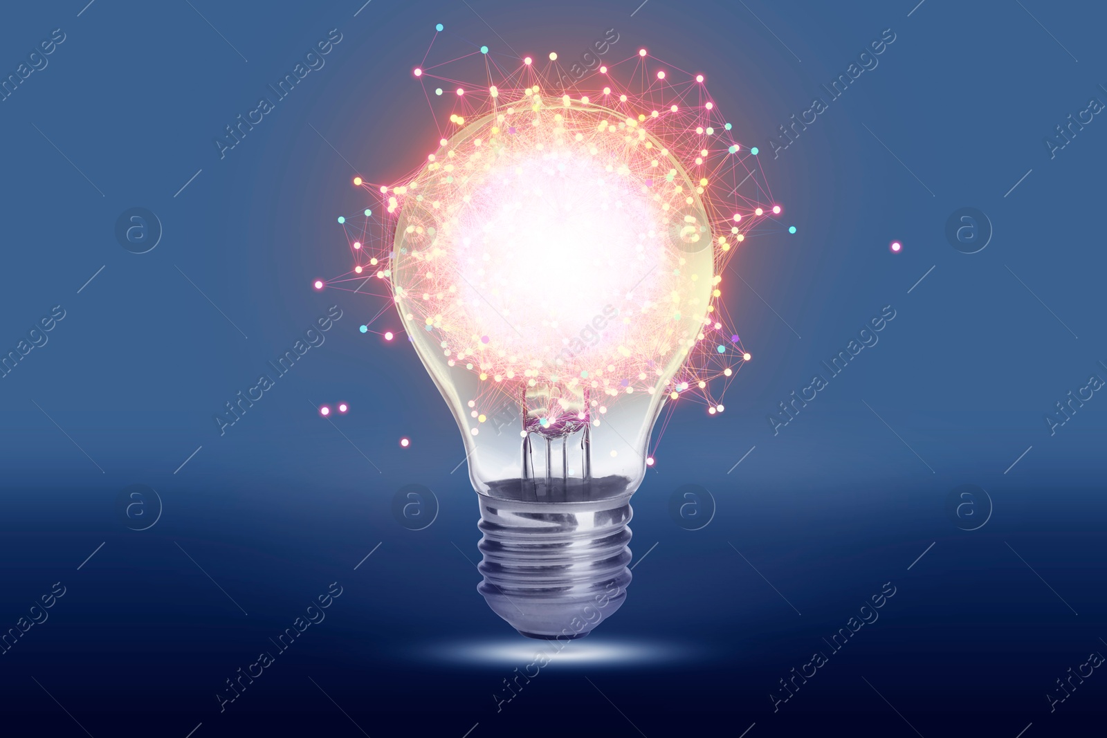 Glowing light bulb with pattern of connected dots on blue gradient background. Idea, creativity, innovation Illustration of Glowing light bulb with pattern of connected dots on blue gradient background. Idea, creativity, innovation