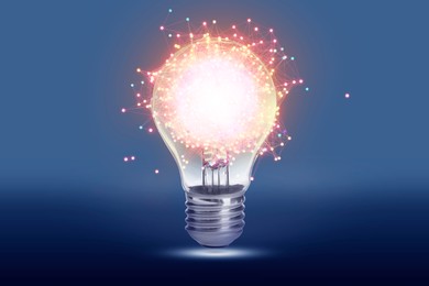 Illustration of Glowing light bulb with pattern of connected dots on blue gradient background. Idea, creativity, innovation