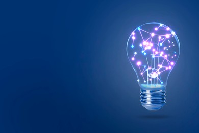 Illustration of Light bulb with pattern of connected dots on blue gradient background. Idea, creativity, innovation