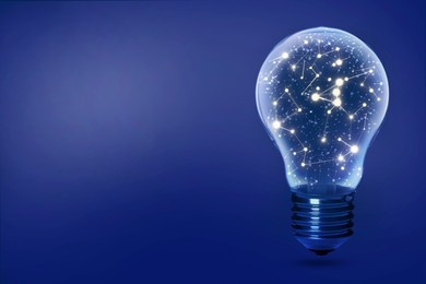 Illustration of Light bulb with pattern of connected dots on blue gradient background. Idea, creativity, innovation