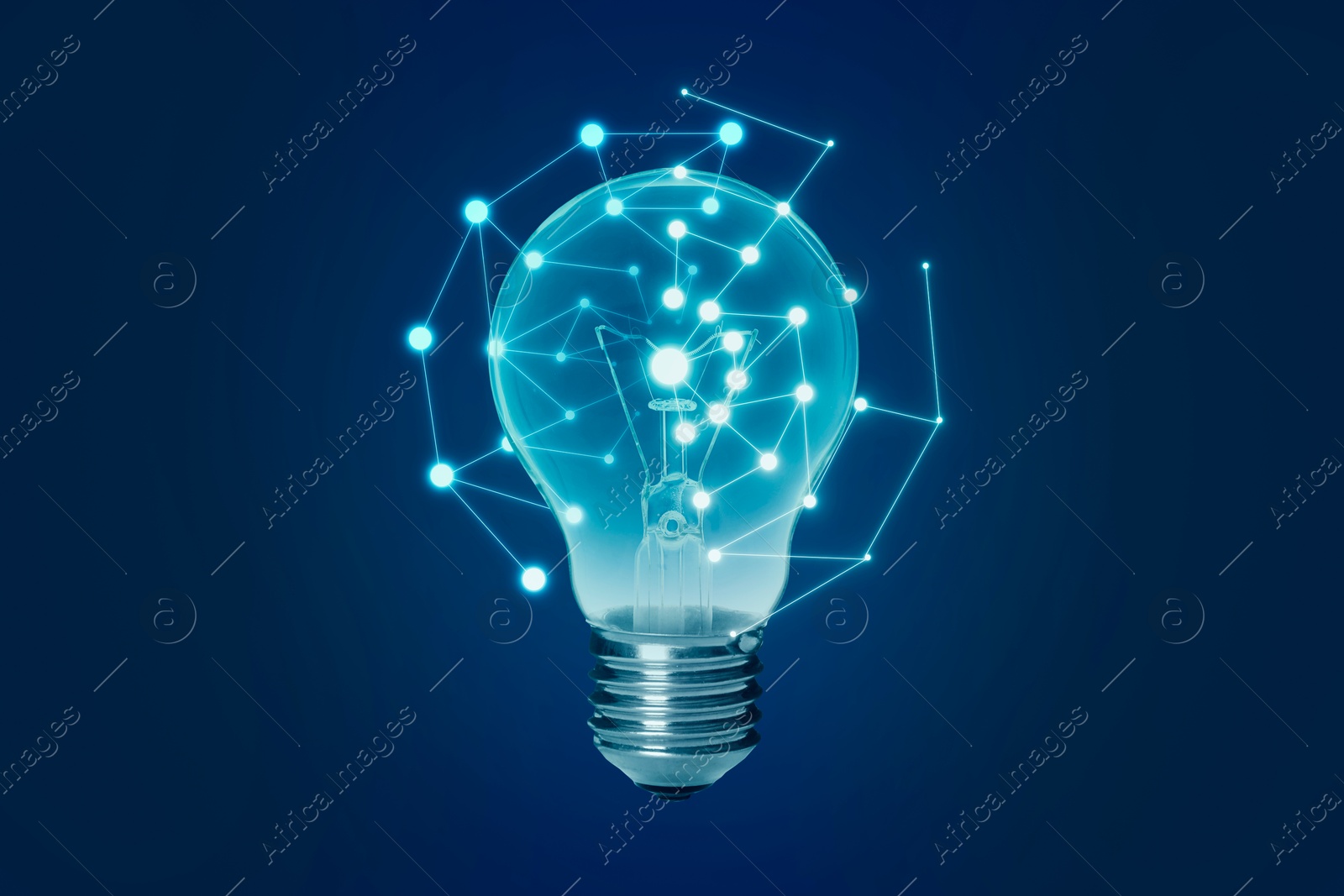 Light bulb with pattern of connected dots on blue gradient background. Idea, creativity, innovation Illustration of Light bulb with pattern of connected dots on blue gradient background. Idea, creativity, innovation