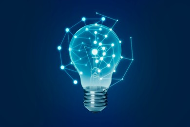 Illustration of Light bulb with pattern of connected dots on blue gradient background. Idea, creativity, innovation