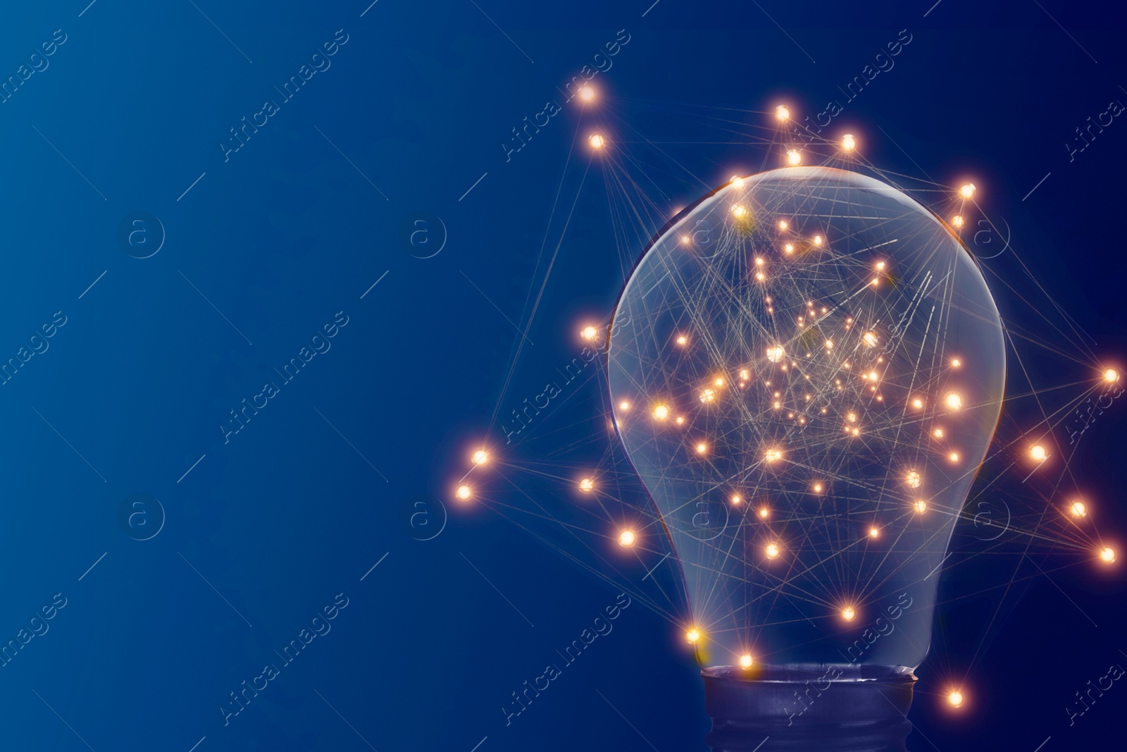 Light bulb with pattern of connected dots on blue gradient background. Idea, creativity, innovation Illustration of Light bulb with pattern of connected dots on blue gradient background. Idea, creativity, innovation
