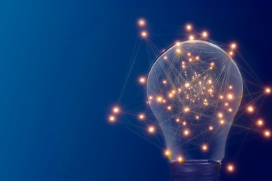 Illustration of Light bulb with pattern of connected dots on blue gradient background. Idea, creativity, innovation