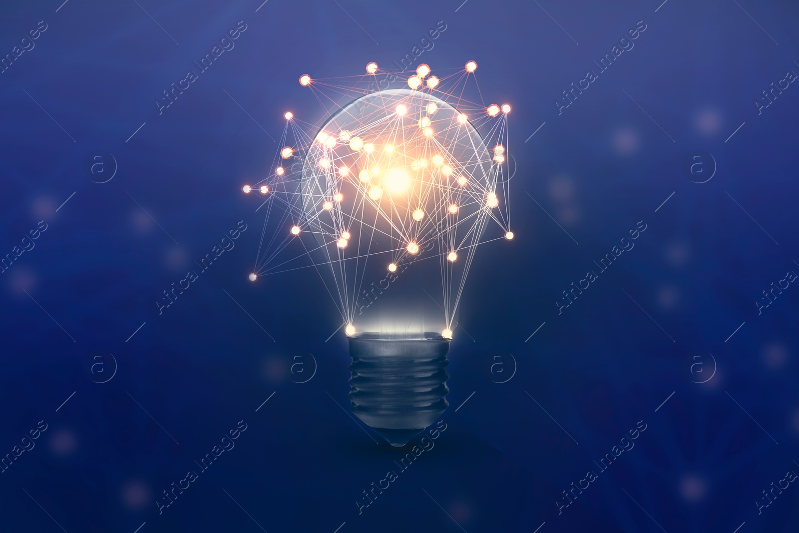 Light bulb with pattern of connected dots on blue gradient background. Idea, creativity, innovation Illustration of Light bulb with pattern of connected dots on blue gradient background. Idea, creativity, innovation