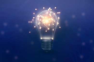 Illustration of Light bulb with pattern of connected dots on blue gradient background. Idea, creativity, innovation