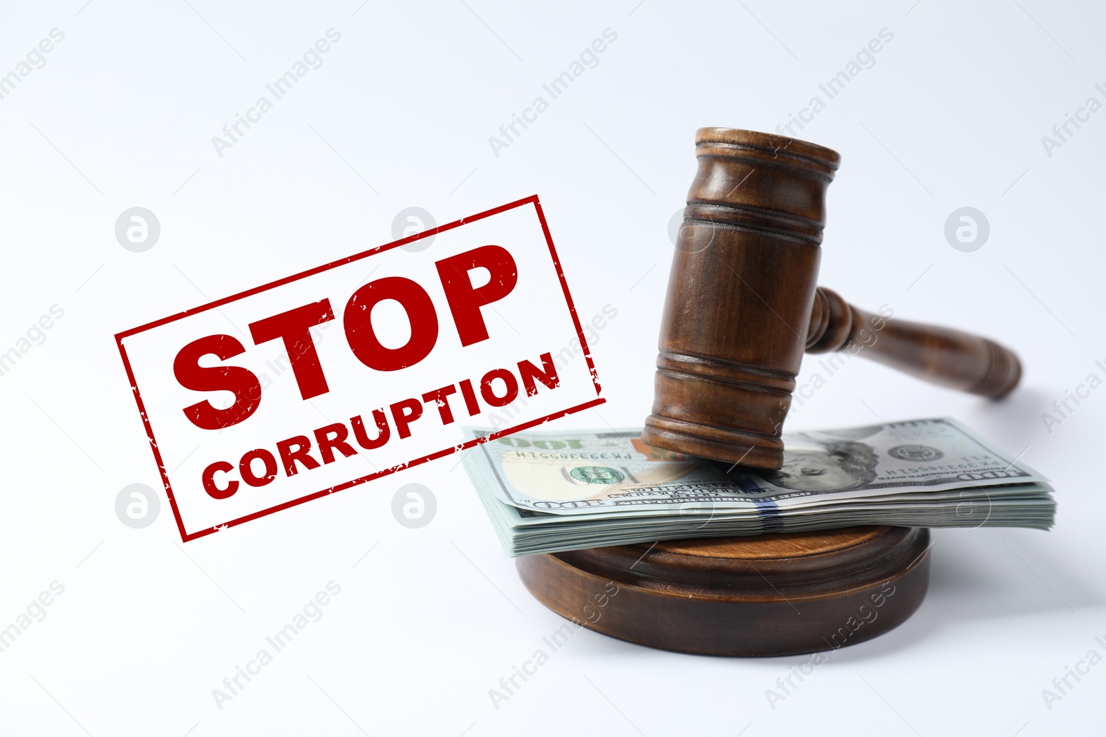 Stop corruption. Law gavel with stack of dollars on white background Image of Stop corruption. Law gavel with stack of dollars on white background