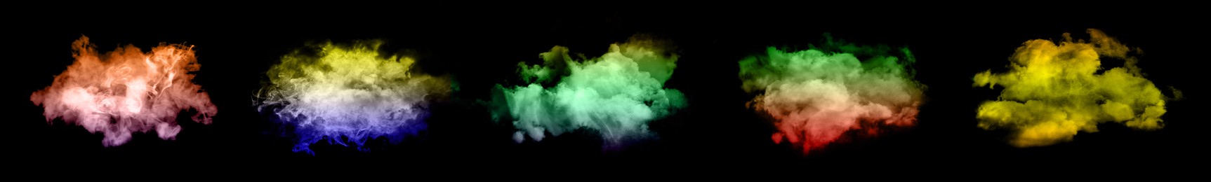 Image of Color smoke in air on black background, set. Banner design