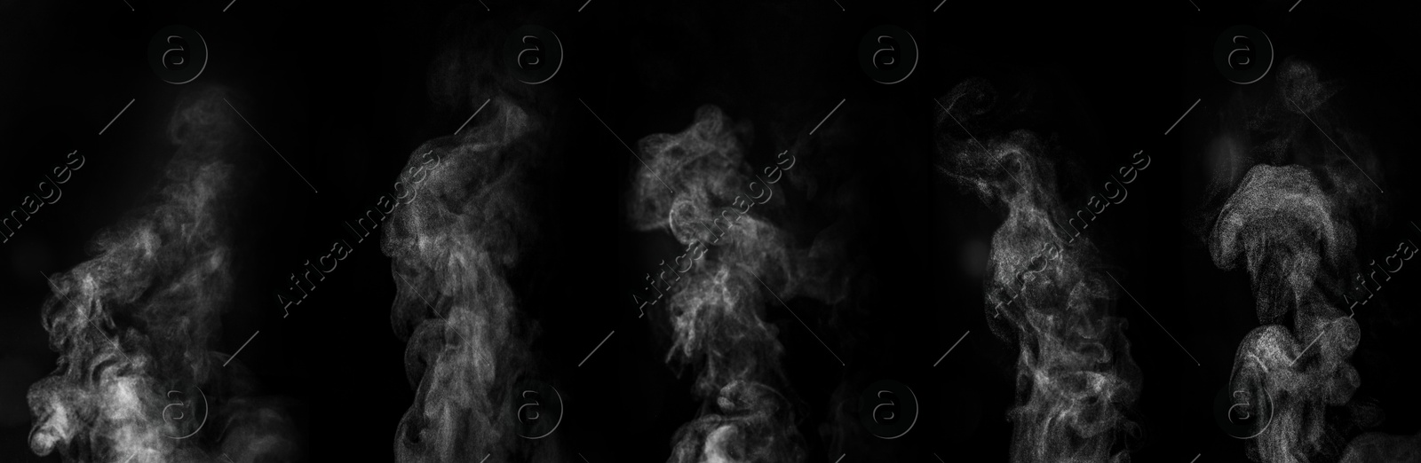 Smoke in air on black background, set. Banner design Image of Smoke in air on black background, set. Banner design