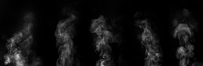 Image of Smoke in air on black background, set. Banner design