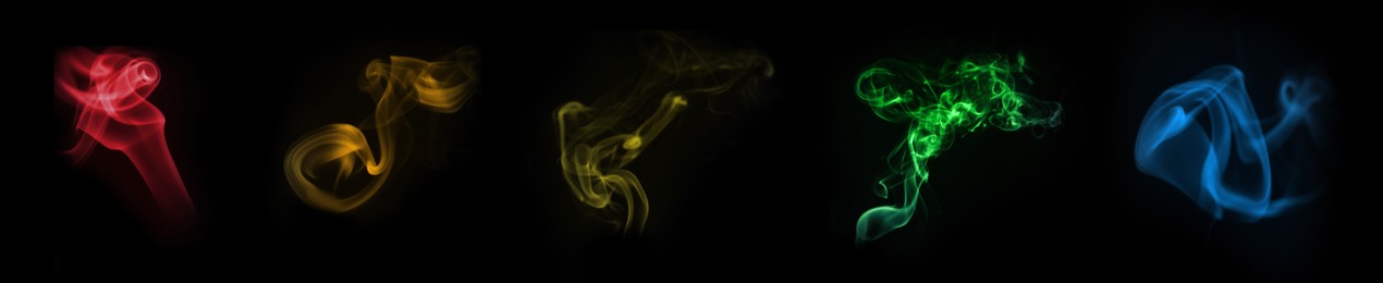 Image of Color smoke in air on black background, set. Banner design