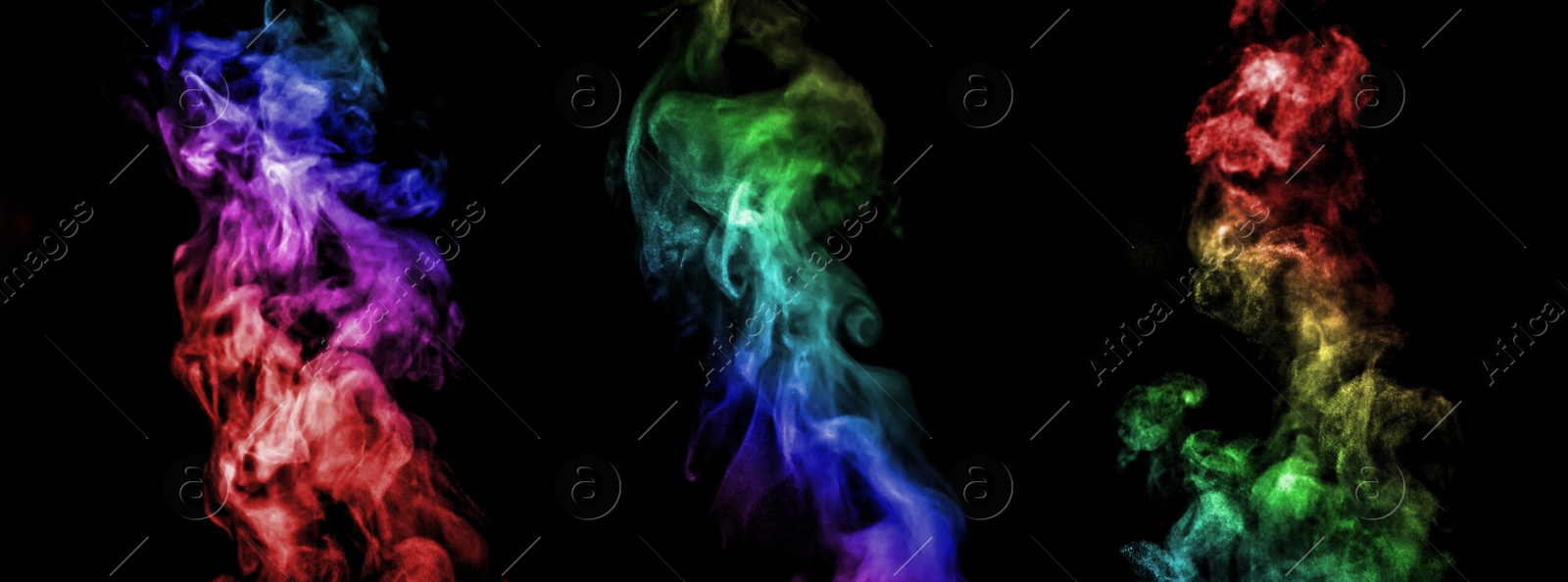 Color smoke in air on black background, set. Banner design Image of Color smoke in air on black background, set. Banner design