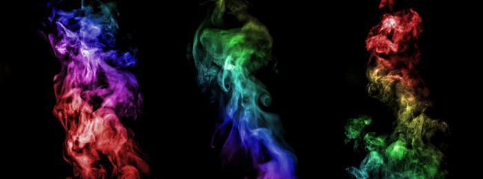 Image of Color smoke in air on black background, set. Banner design