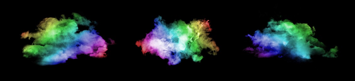 Image of Color smoke in air on black background, set. Banner design