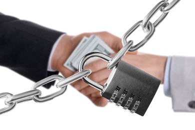 Image of Stop corruption. People with bribe behind steel combination padlock and chain on white background, closeup