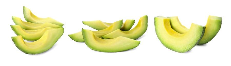 Image of Fresh avocado slices isolated on white, set