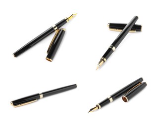 Image of Fountain pen isolated on white, collage. Stationery