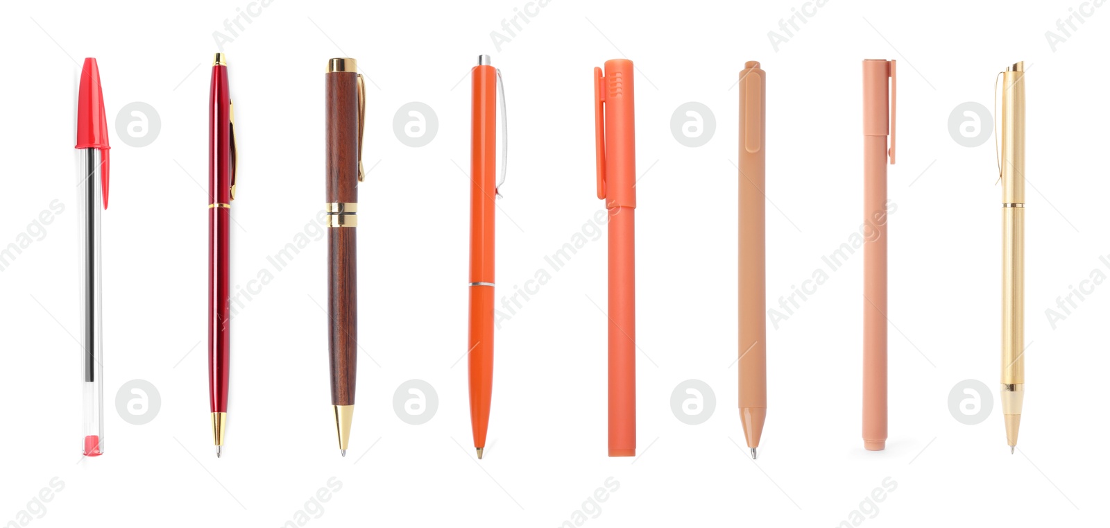 Different pens isolated on white, set. Stationery Image of Different pens isolated on white, set. Stationery