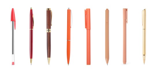Image of Different pens isolated on white, set. Stationery