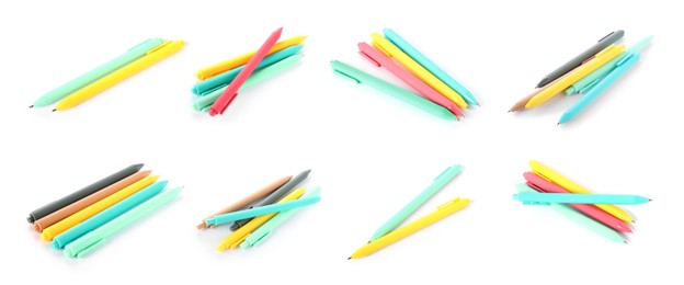 Image of Different pens isolated on white, set. Stationery