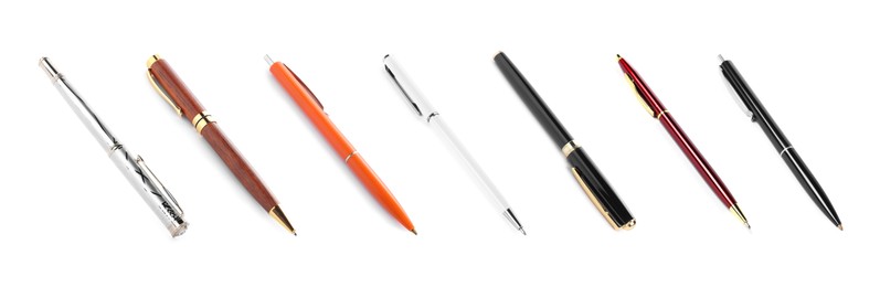 Image of Different pens isolated on white, set. Stationery