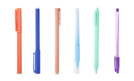 Image of Different pens isolated on white, set. Stationery