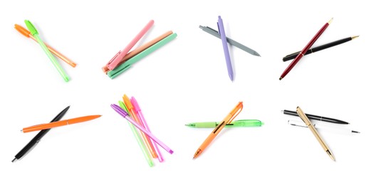 Image of Different pens isolated on white, set. Stationery