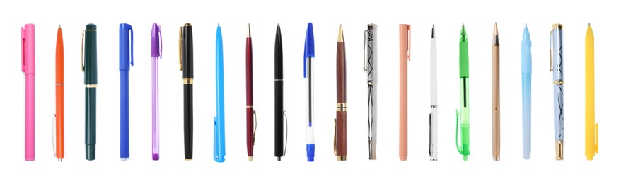 Image of Different pens isolated on white, set. Stationery