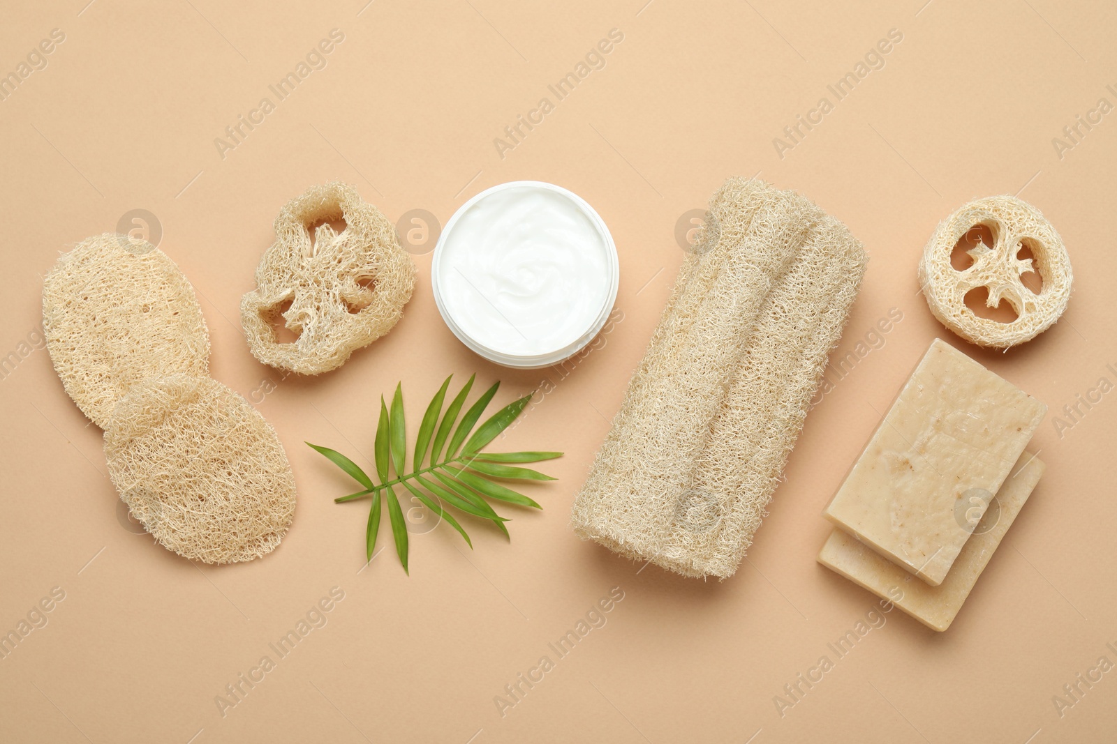 Loofah sponges, cosmetic product, soap and green twig on beige background, flat lay Photo of Loofah sponges, cosmetic product, soap and green twig on beige background, flat lay