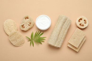 Photo of Loofah sponges, cosmetic product, soap and green twig on beige background, flat lay