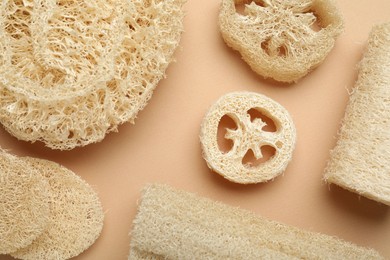 Photo of Natural loofah sponges on beige background, flat lay