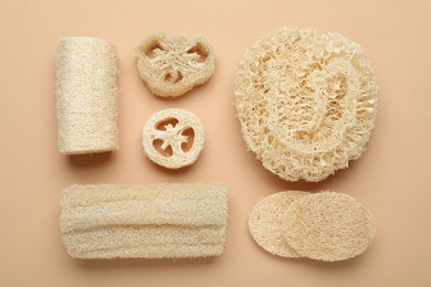Photo of Natural loofah sponges on beige background, flat lay