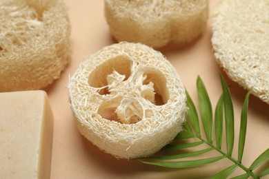 Photo of Natural loofah sponges, soap and green twig on beige background, closeup