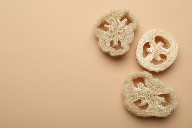 Photo of Natural loofah sponges on beige background, flat lay. Space for text