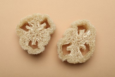 Photo of Natural loofah sponges on beige background, flat lay