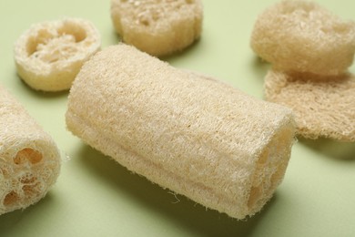 Photo of Natural loofah sponges on green background, closeup