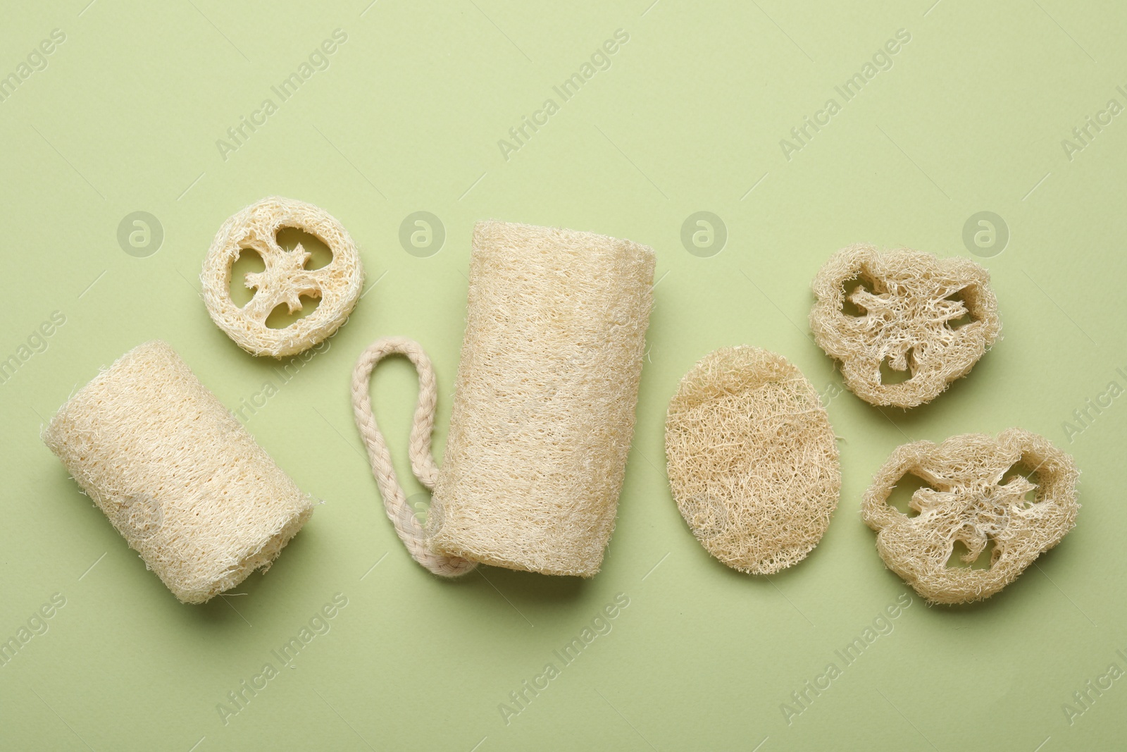 Natural loofah sponges on green background, flat lay Photo of Natural loofah sponges on green background, flat lay